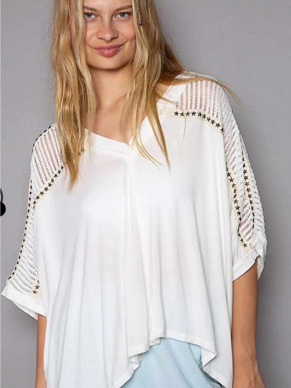 POL Pristine White V-Neck Crochet-Trim Top with Star Accents